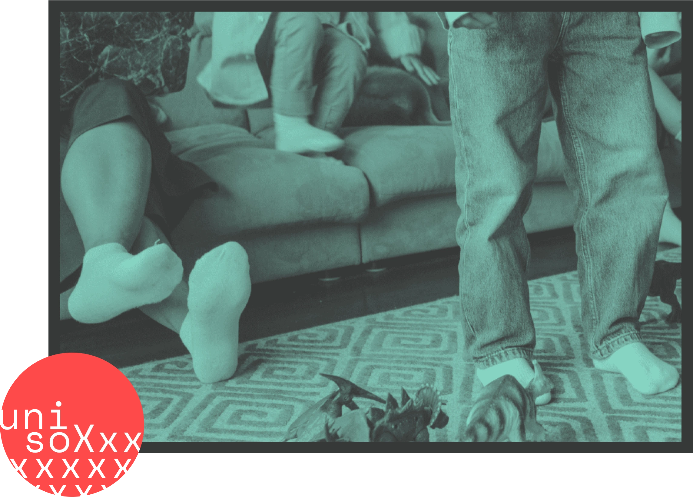 Two-toned green photo of family sitting, jumping on and standing near couch wearing white socks. Their heads are not visible. There is a bright orangeish red Unisoxx circular logo in the bottom left with a cut out X pattern covering half the circle.